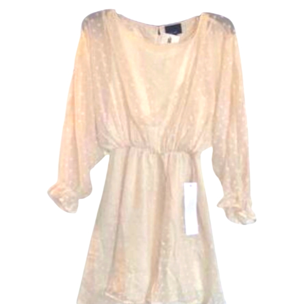 LUMIERE UO Swiss Dot Chiffon Dress White on Cream A-line Lined Flowy MED NWT